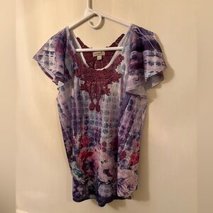 ONE WORLD Purple Floral Blouse,crocheted accent Front&back neckline Sz L